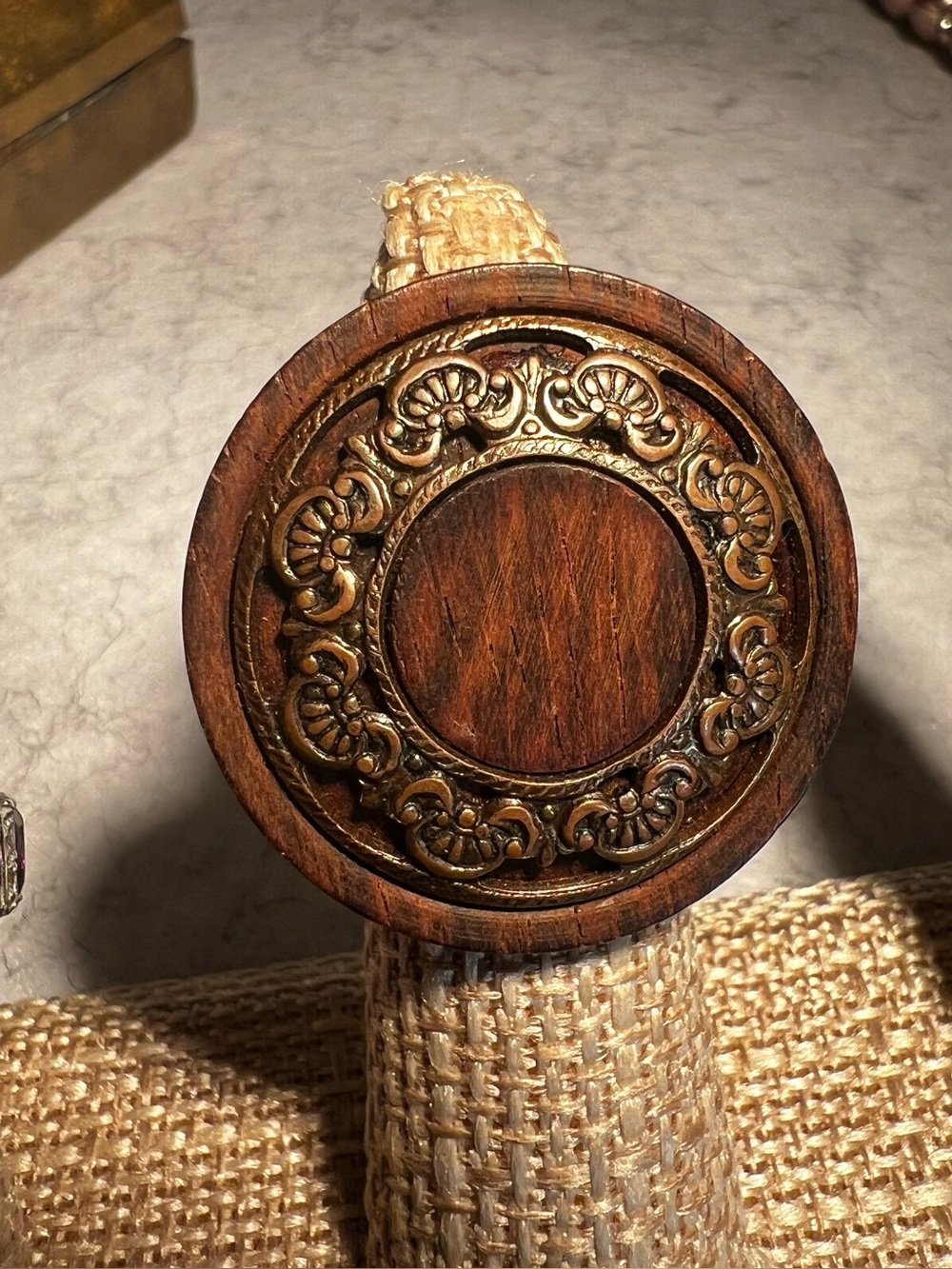Vintage Ring 12k GF Band W/ Round Wooden Top Metal Design